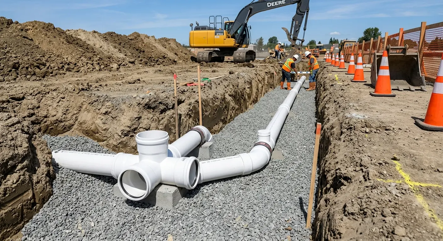 New PVC sewer pipe installation in open trench for Sewer Backup in Ponchatoula