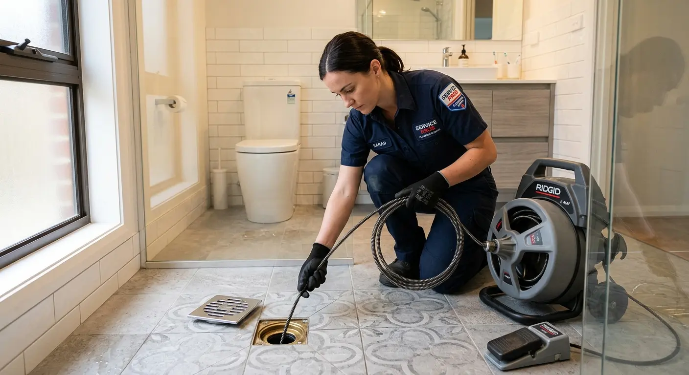 Technician clearing a bathroom floor drain for Drain Cleaning in Ponchatoula